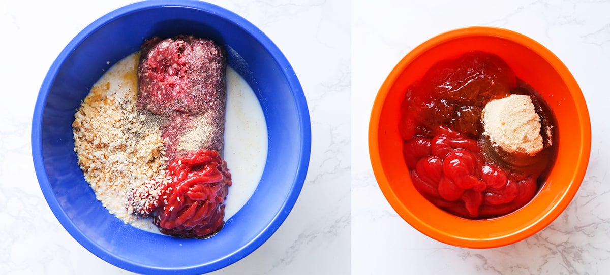 Photo compilation: meatloaf ingredients in bowls.