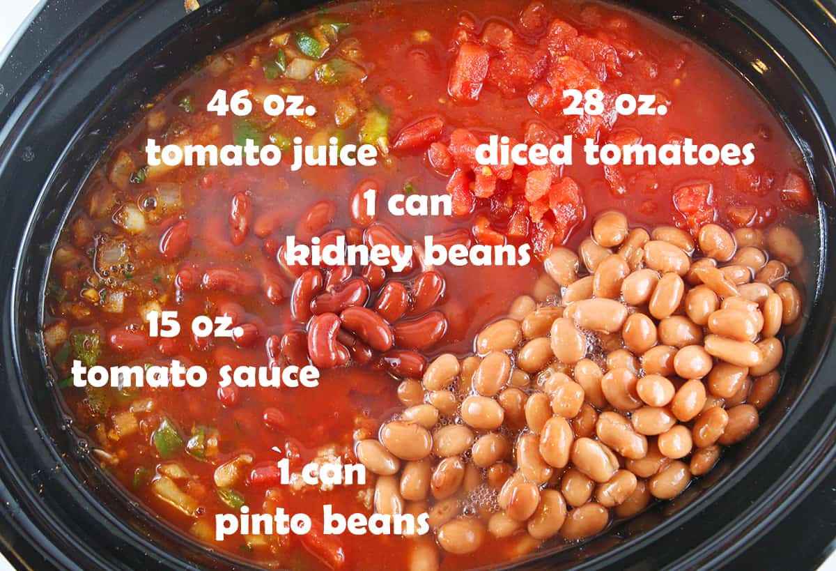 Chili ingredients in a crockpot ready to be cooked.